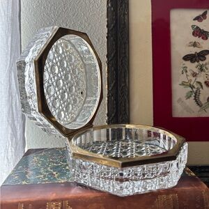 Octagonal Cut Glass Trinket Box with Brass Rim - Clear Glass